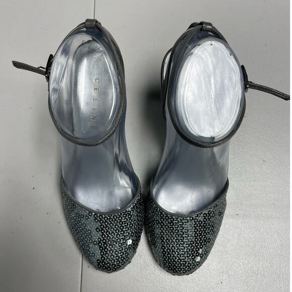 CELINE Women's Leather Sequin Slingback Heel Pump Gray Size 37 Round Toe - Picture 2 of 10